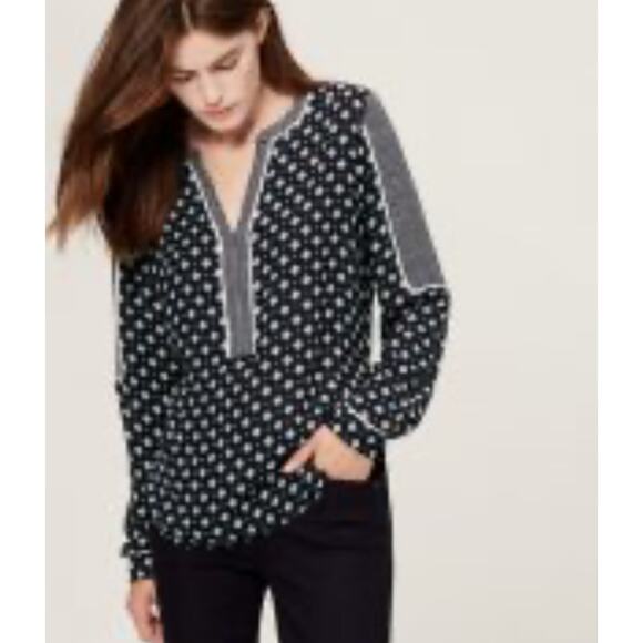 LOFT Mixed Print Popover Top Womens Small Navy Ivory Long Sleeve Peasant Blouse - Picture 1 of 9